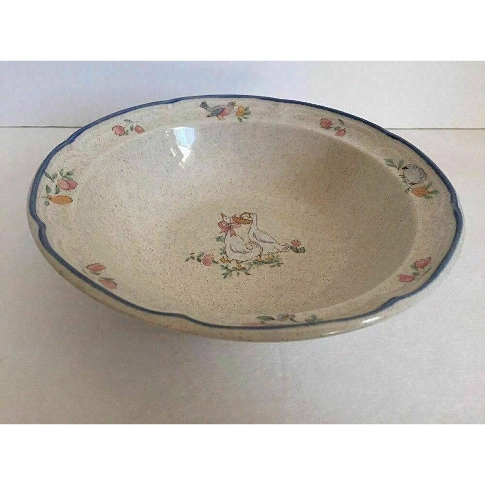 Set 2 International Stoneware Japan Cereal Soup Bowl Geese Lamb Bird Blue Rim - Picture 8 of 11